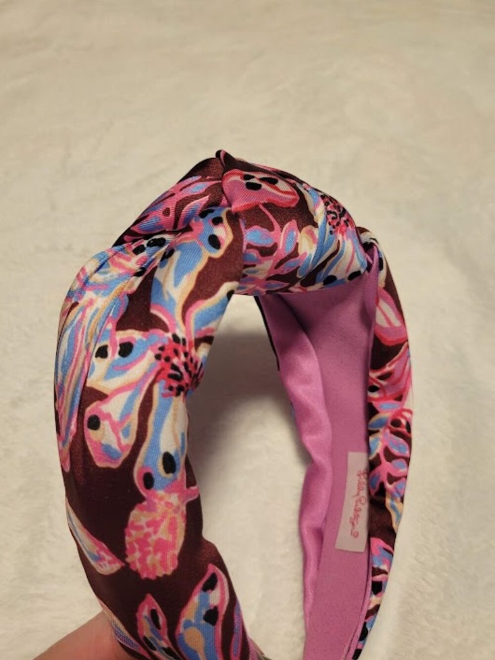 Lilly Pulitzer Splashdance Floral Knotted Satin Headband Pink Blue - Picture 3 of 4
